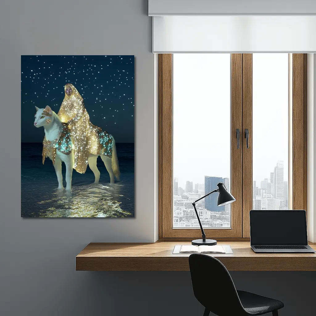 Mystical Woman Riding White Cat Night Beach – Wall Art