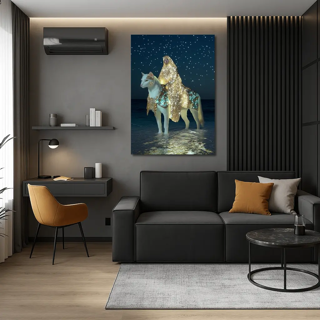 Mystical Woman Riding White Cat Night Beach – Wall Art