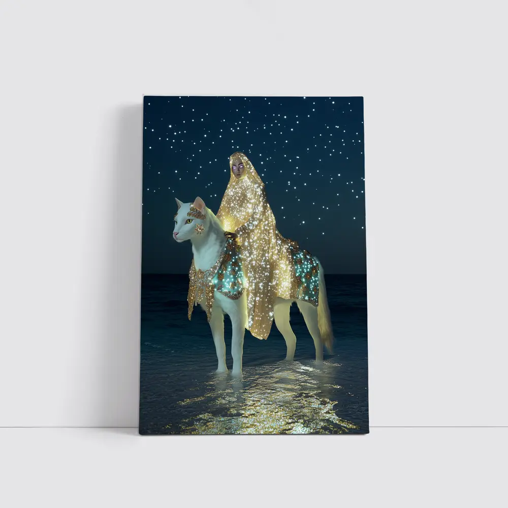 Mystical Woman Riding White Cat Night Beach – Wall Art