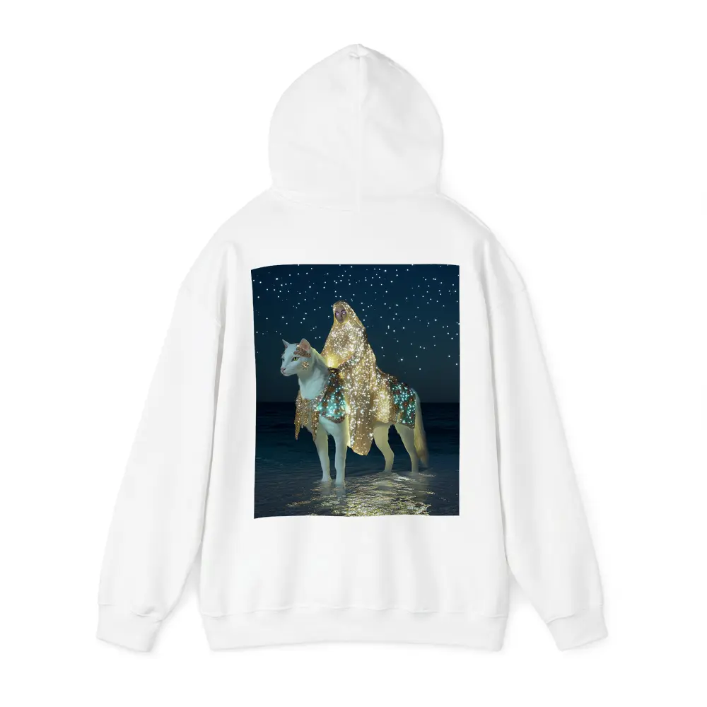 Mystical Woman Riding White Cat Night Beach – Hoodies