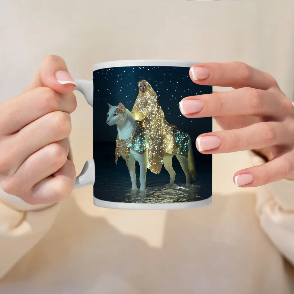 Mystical Woman Riding White Cat Night Beach – Mugs