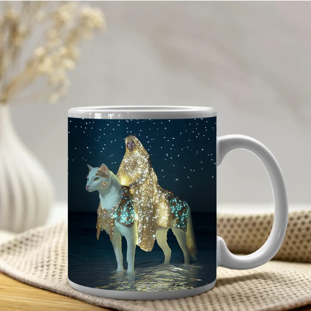 Mystical Woman Riding White Cat Night Beach – Mugs