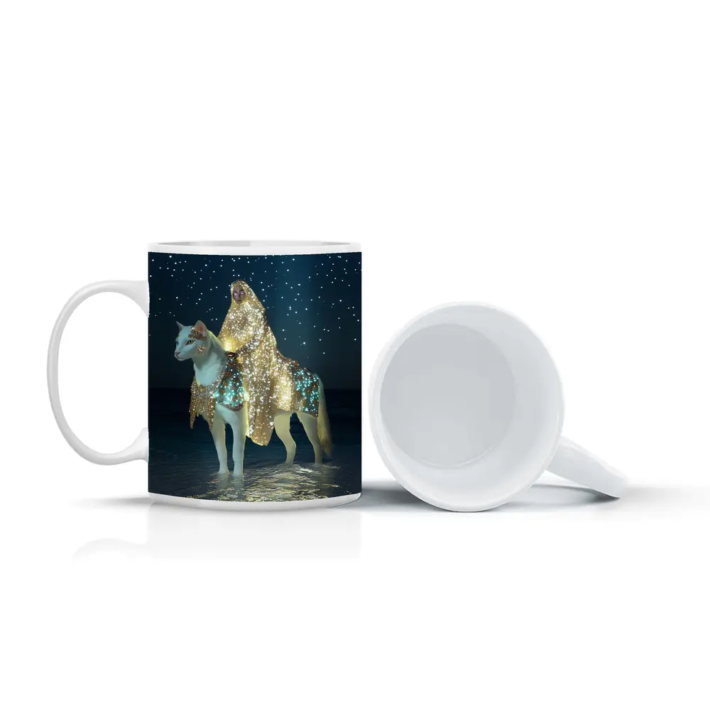 Mystical Woman Riding White Cat Night Beach – Mugs
