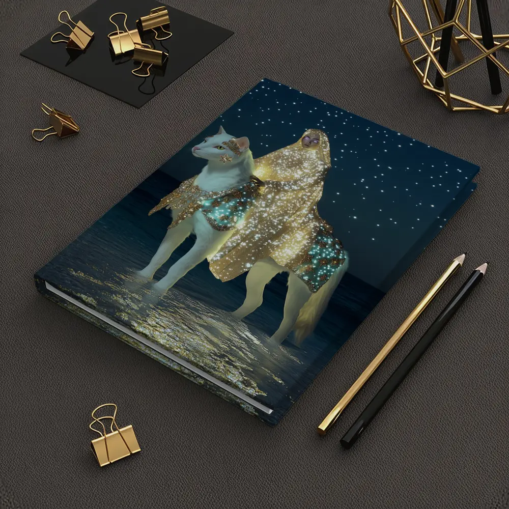 Mystical Woman Riding White Cat Night Beach – Notebooks