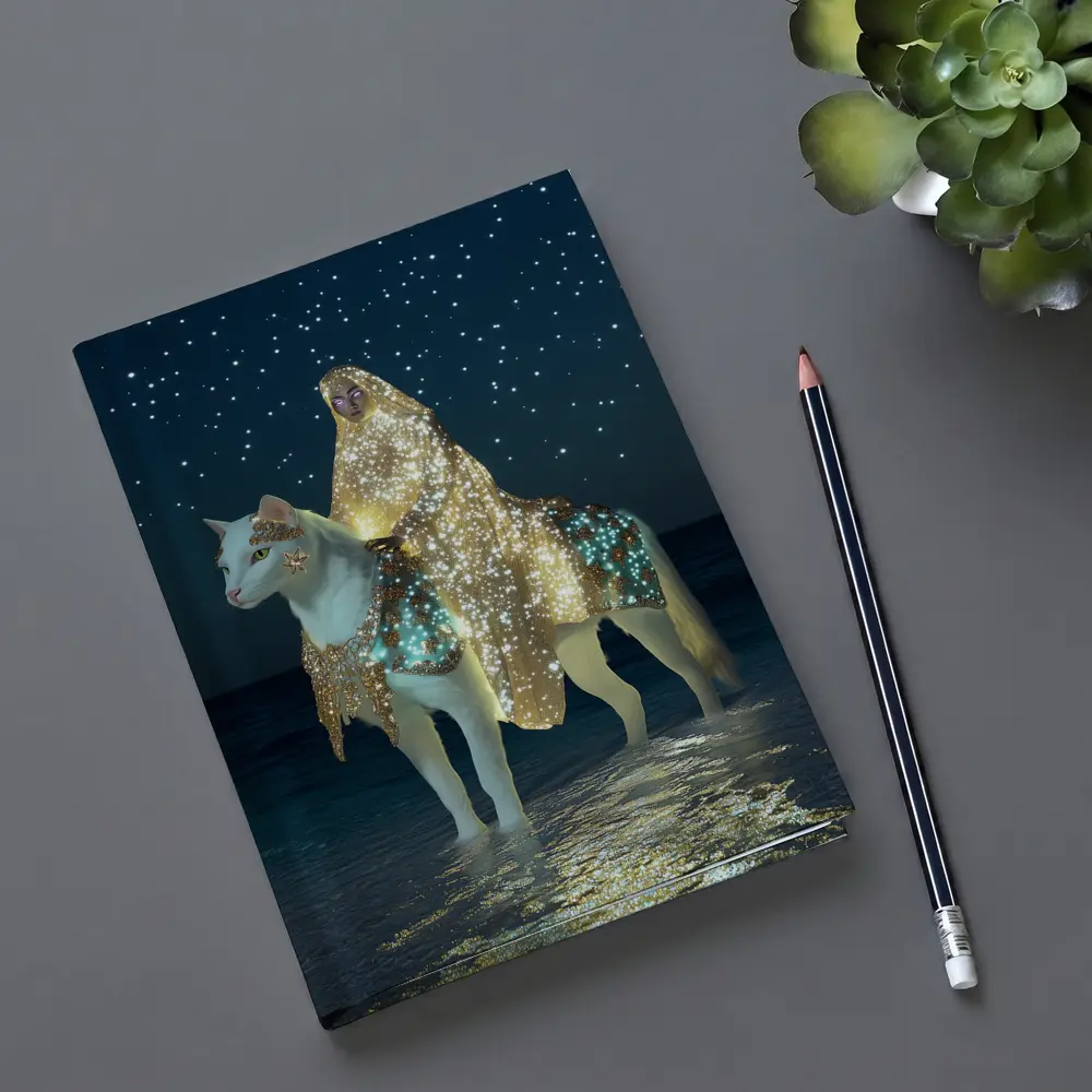 Mystical Woman Riding White Cat Night Beach – Notebooks