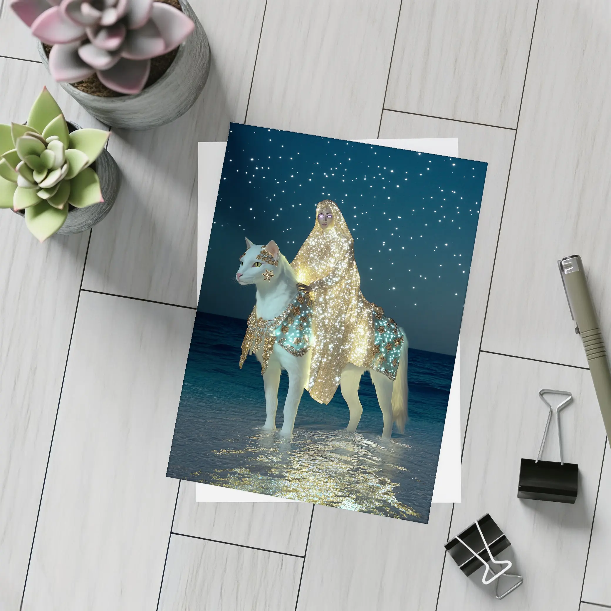Mystical Woman Riding White Cat Night Beach – Postcards