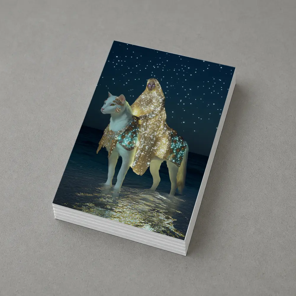 Mystical Woman Riding White Cat Night Beach – Postcards