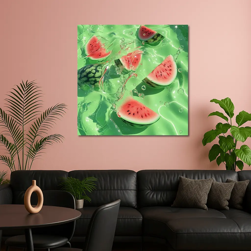 Watermelon Slices Floating Green Water – Wall Art