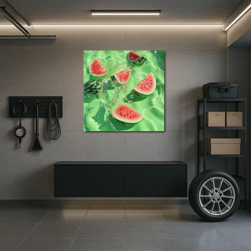 Watermelon Slices Floating Green Water – Wall Art