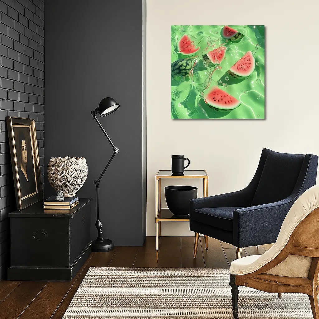 Watermelon Slices Floating Green Water – Wall Art
