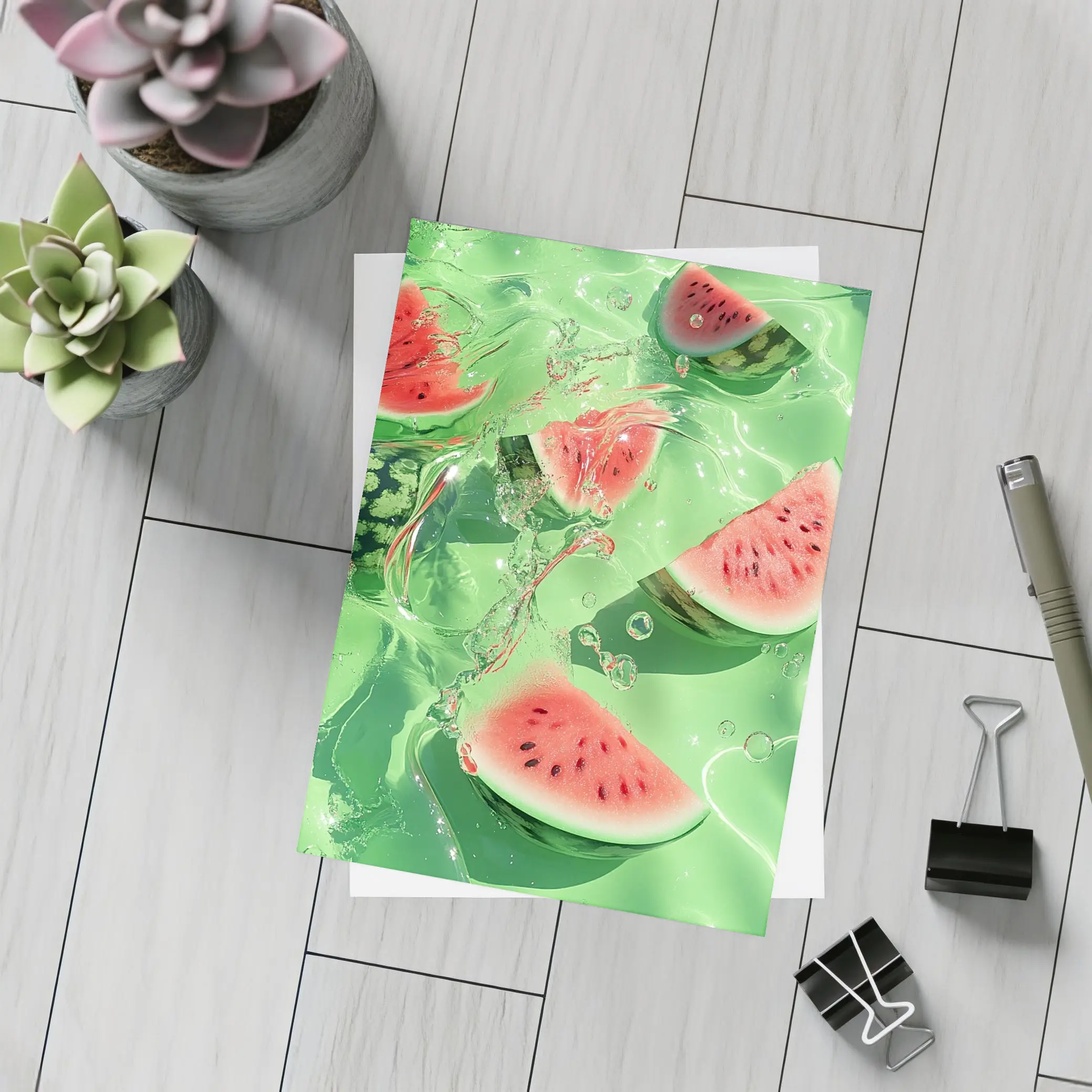 Watermelon Slices Floating Green Water – Postcards