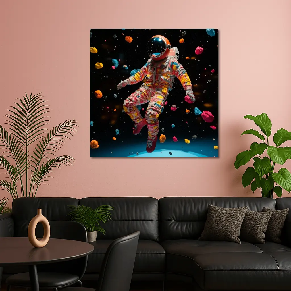 Colorful Astronaut Floating Among Space Asteroids – Wall Art