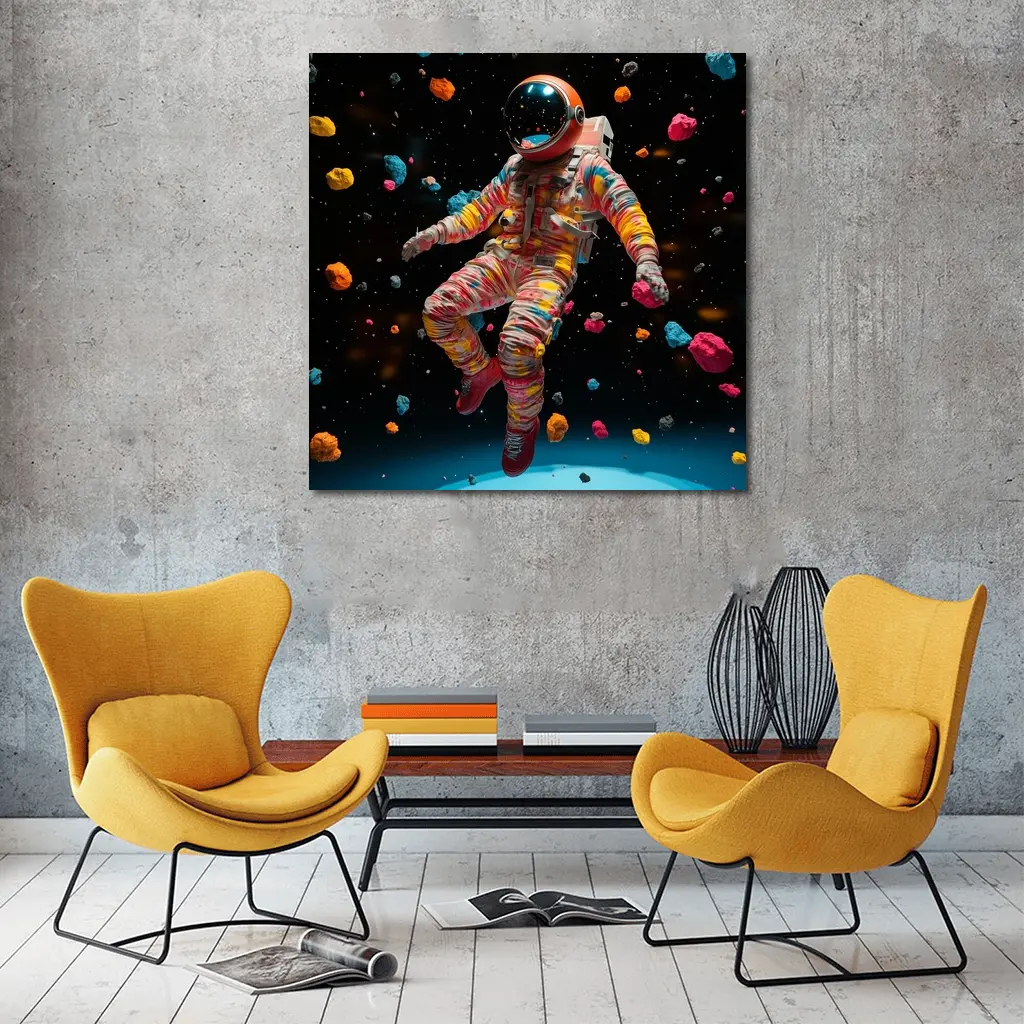 Colorful Astronaut Floating Among Space Asteroids – Wall Art