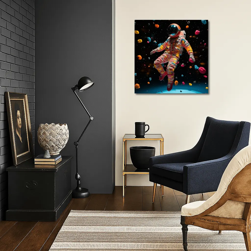 Colorful Astronaut Floating Among Space Asteroids – Wall Art