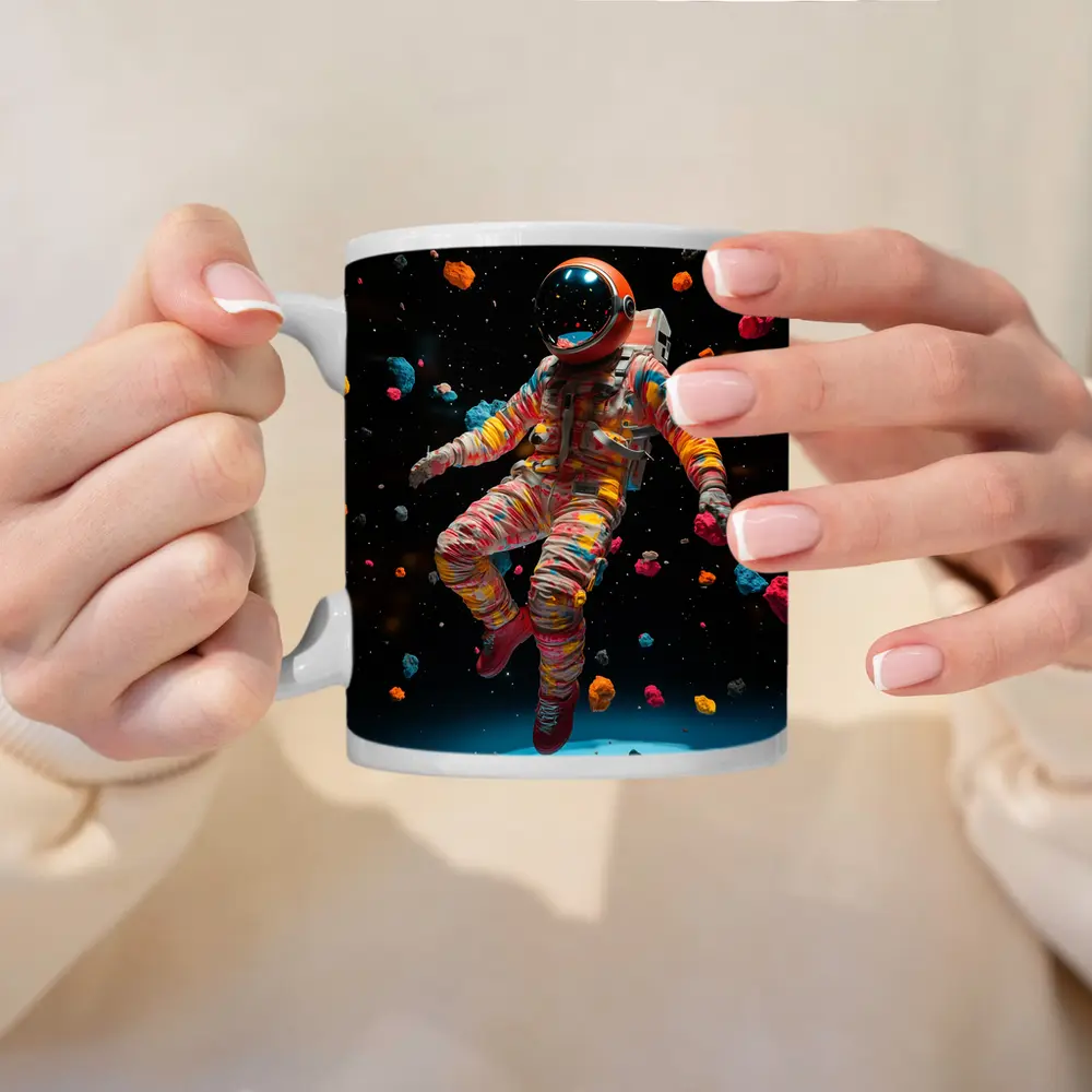 Colorful Astronaut Floating Among Space Asteroids – Mugs