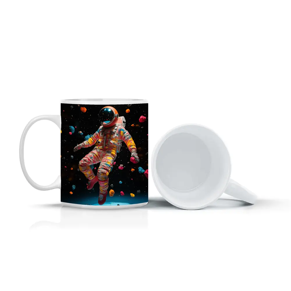 Colorful Astronaut Floating Among Space Asteroids – Mugs