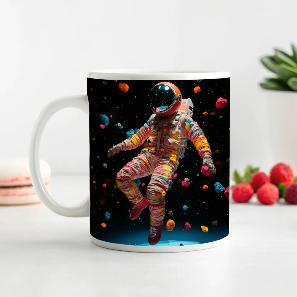 Colorful Astronaut Floating Among Space Asteroids – Mugs
