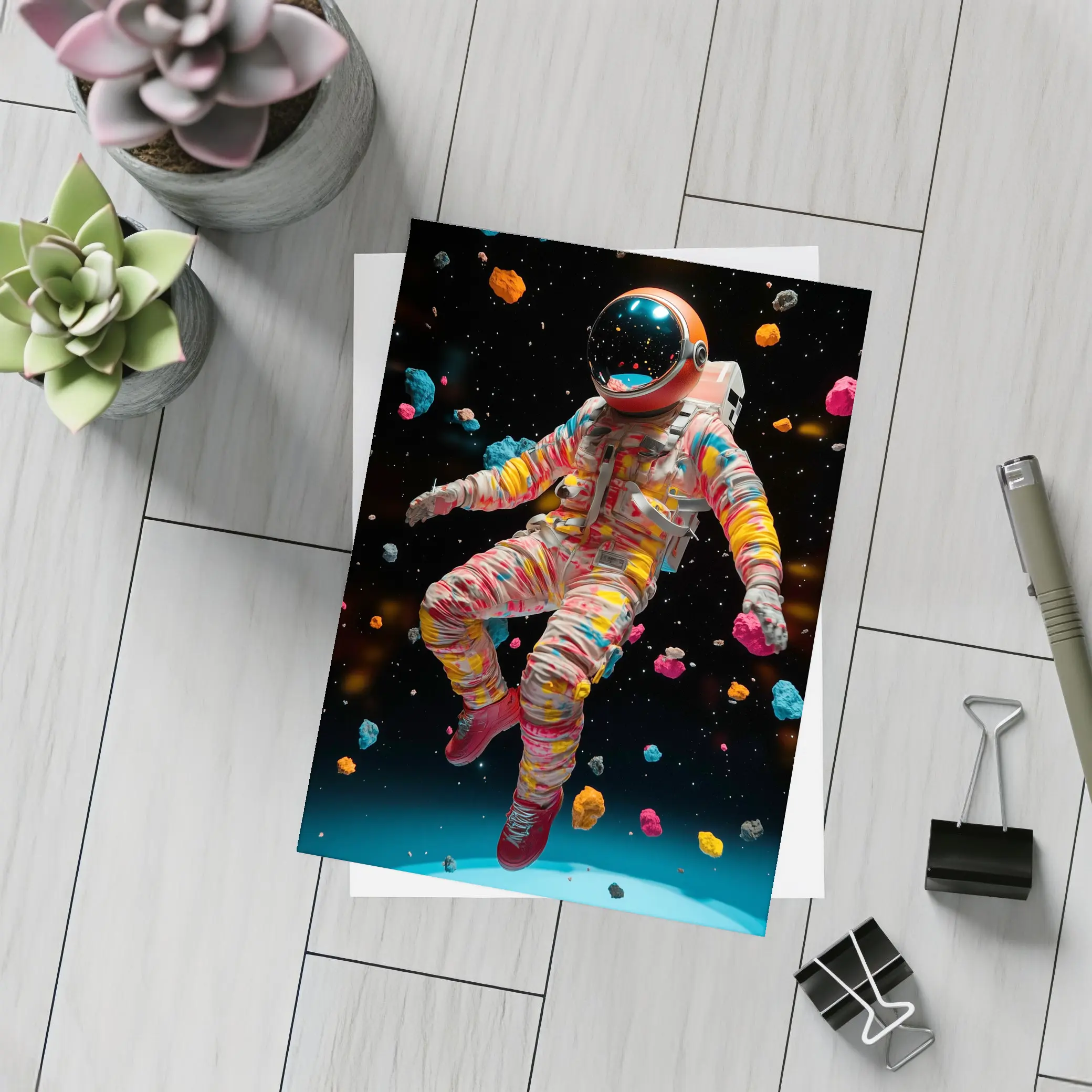 Colorful Astronaut Floating Among Space Asteroids – Postcards
