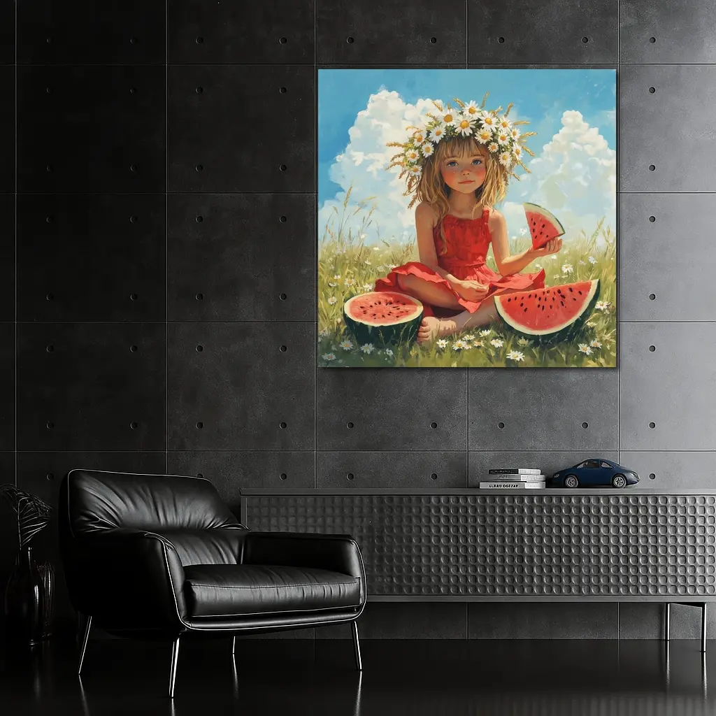 Girl With Daisy Crown Eating Watermelon Summer – Wall Art