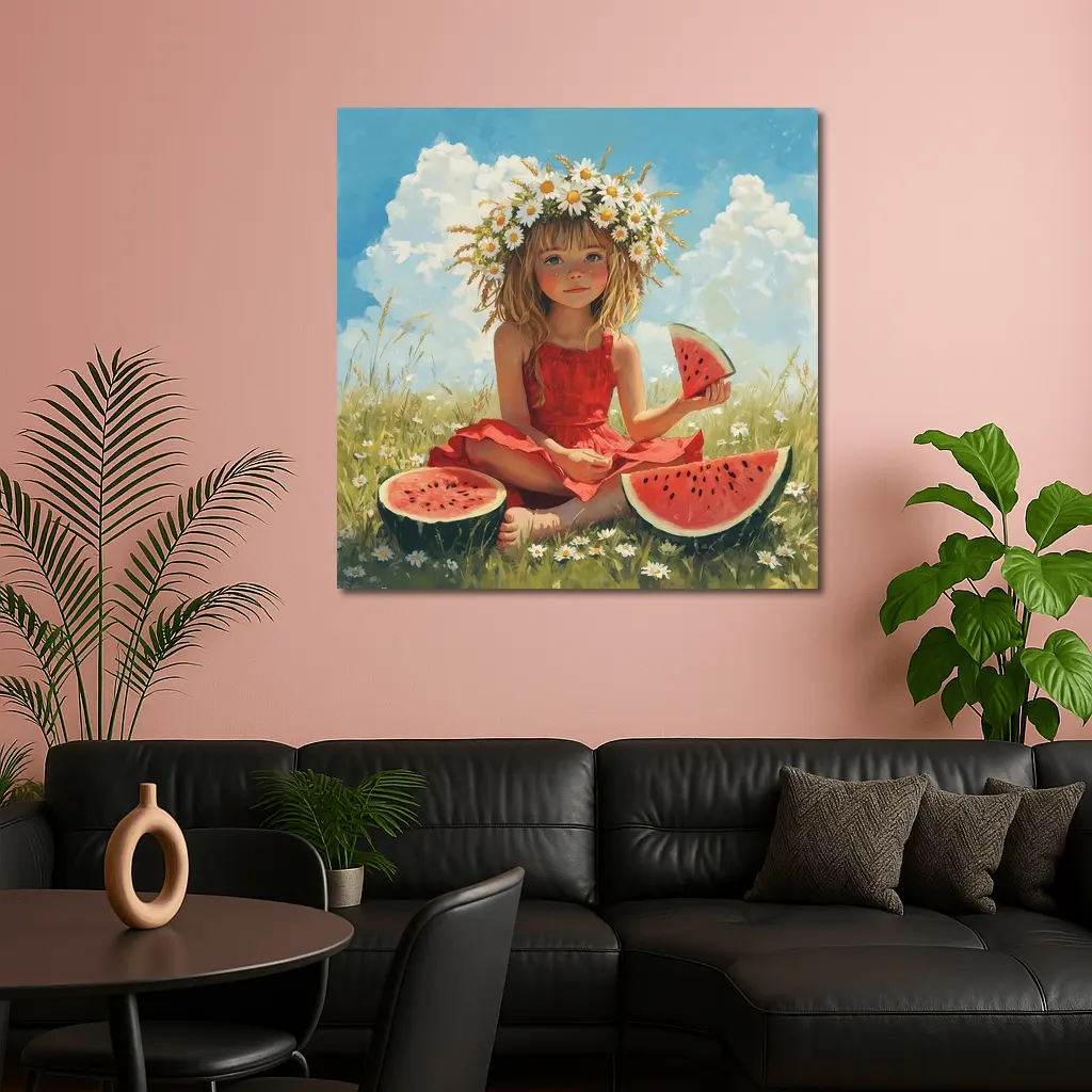 Girl With Daisy Crown Eating Watermelon Summer – Wall Art