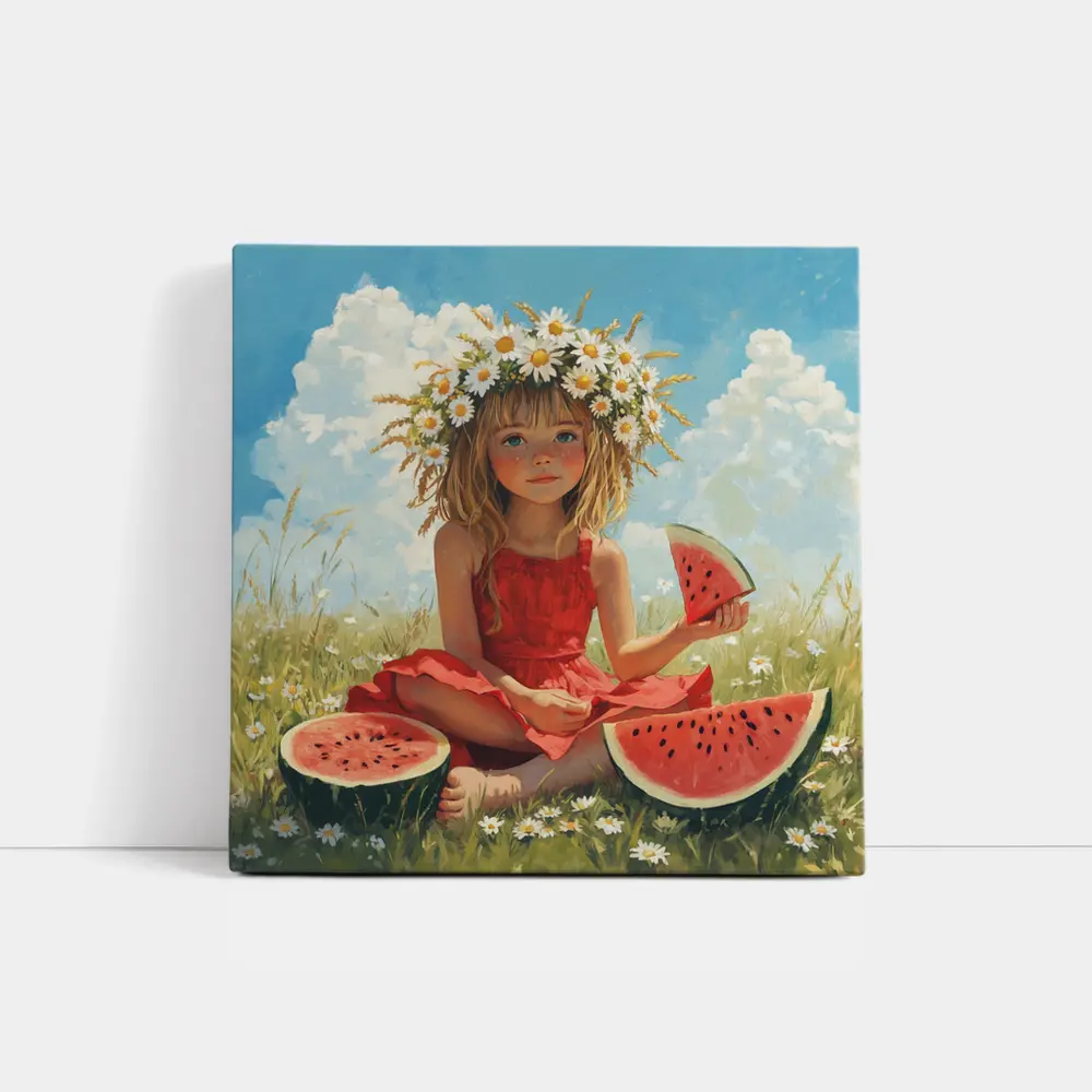 Girl With Daisy Crown Eating Watermelon Summer – Wall Art