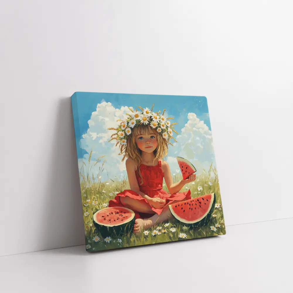 Girl With Daisy Crown Eating Watermelon Summer – Wall Art
