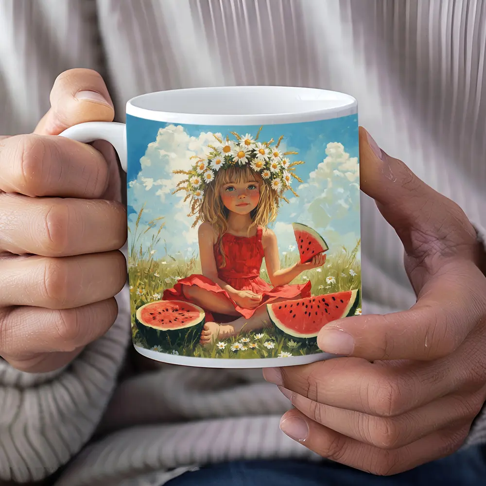 Girl With Daisy Crown Eating Watermelon Summer – Mugs