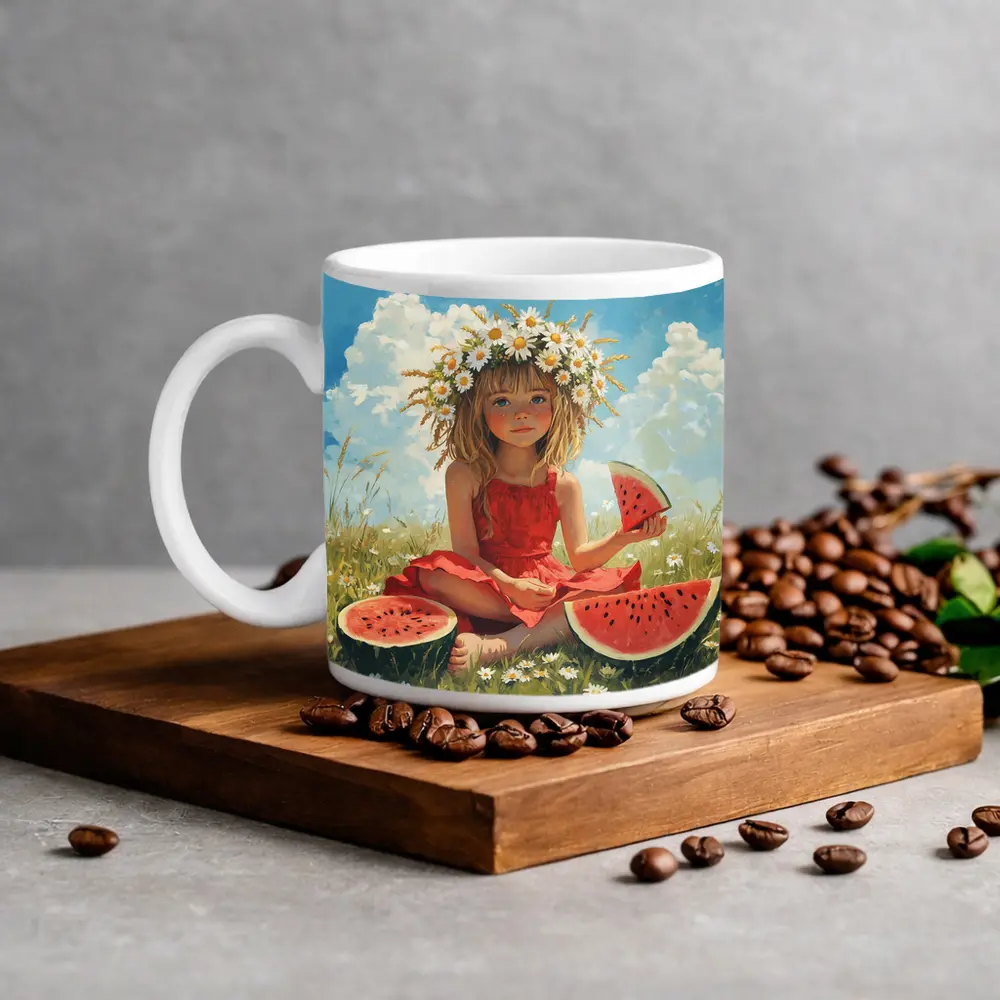 Girl With Daisy Crown Eating Watermelon Summer – Mugs