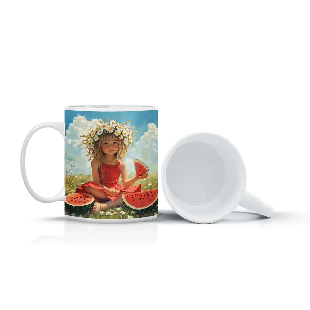 Girl With Daisy Crown Eating Watermelon Summer – Mugs