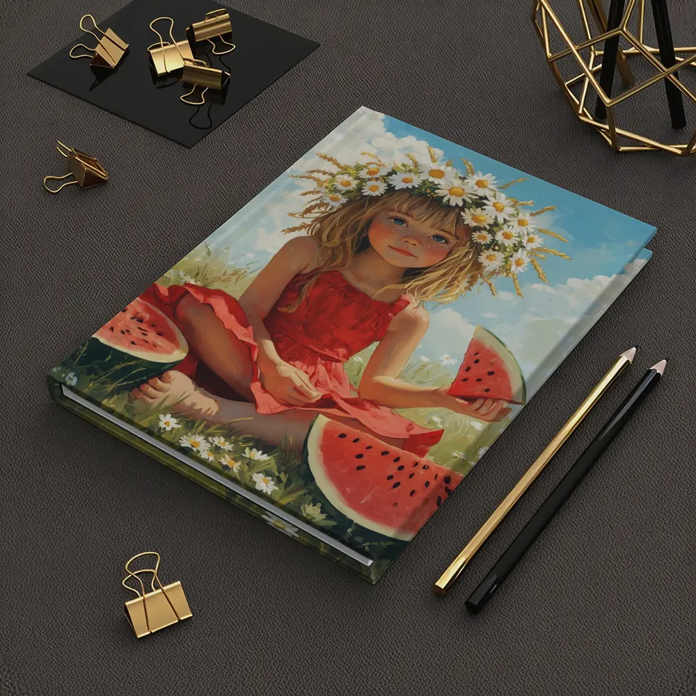 Girl With Daisy Crown Eating Watermelon Summer – Notebooks