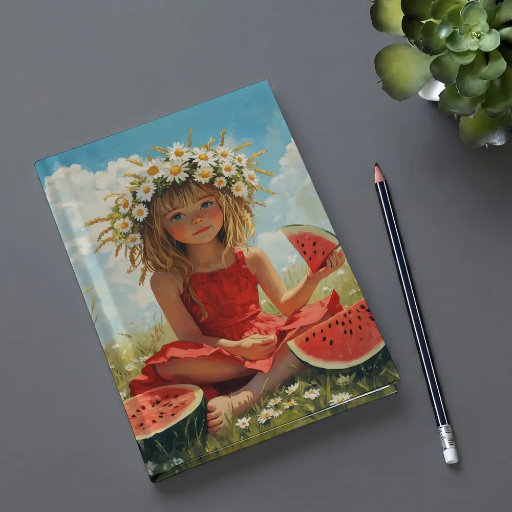 Girl With Daisy Crown Eating Watermelon Summer – Notebooks