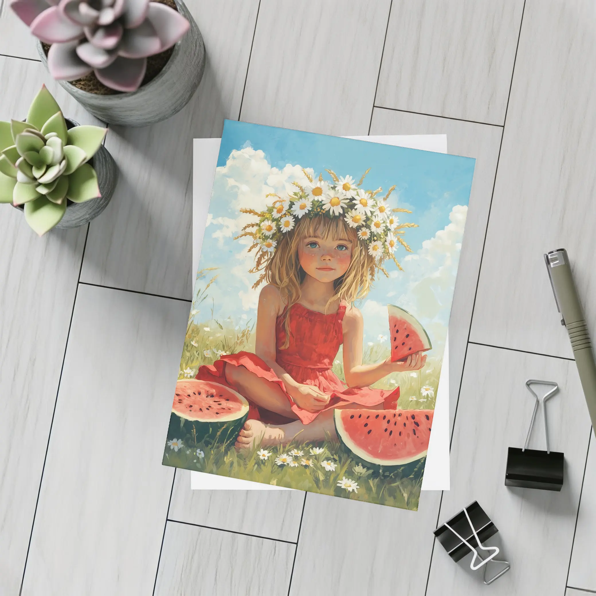 Girl With Daisy Crown Eating Watermelon Summer – Postcards