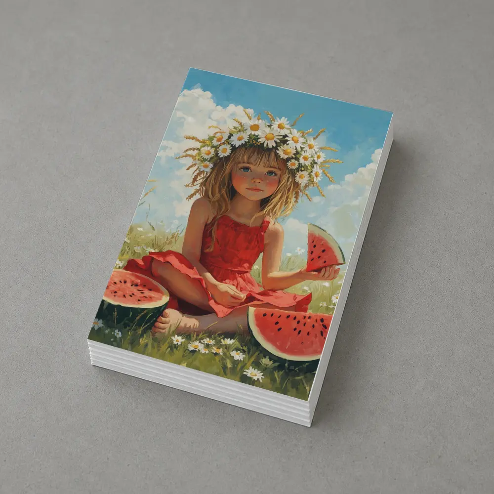 Girl With Daisy Crown Eating Watermelon Summer – Postcards