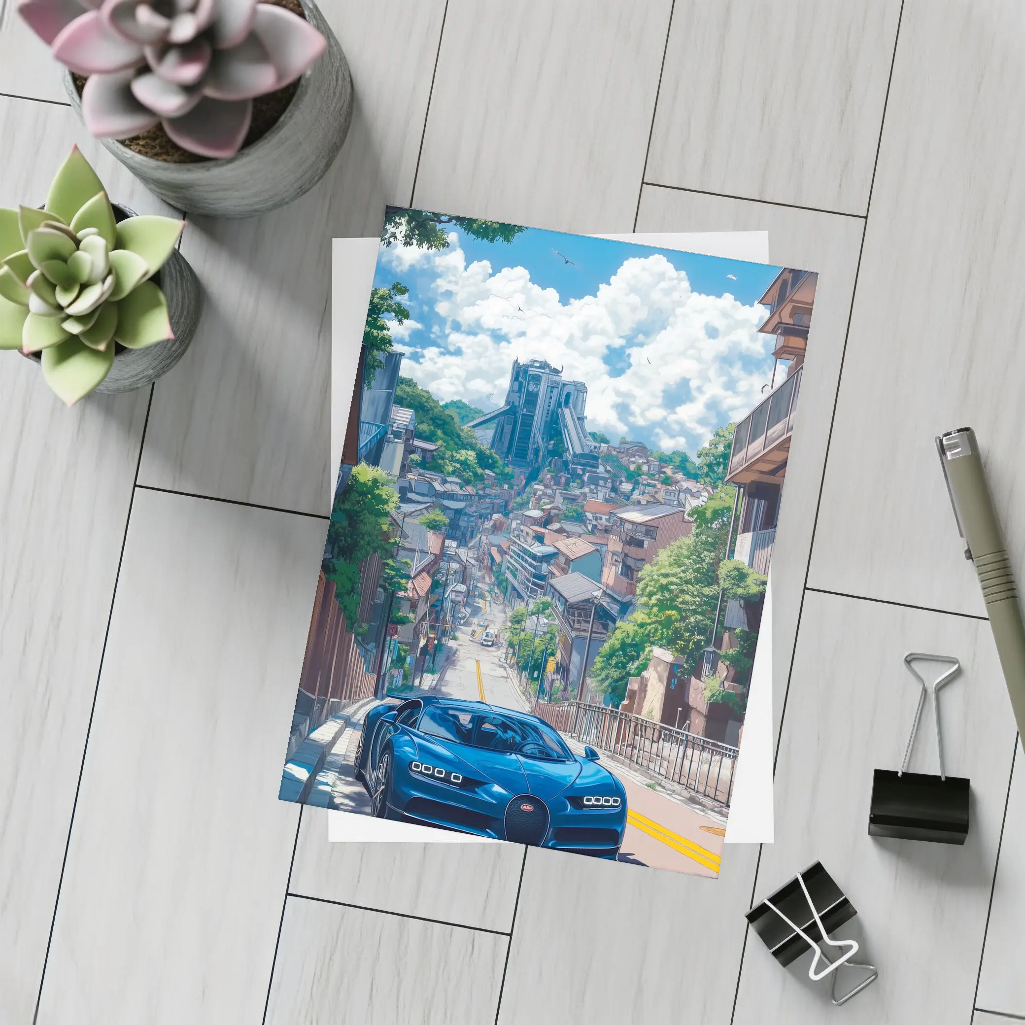 Bugatti Chiron Blue Anime City Street – Postcards