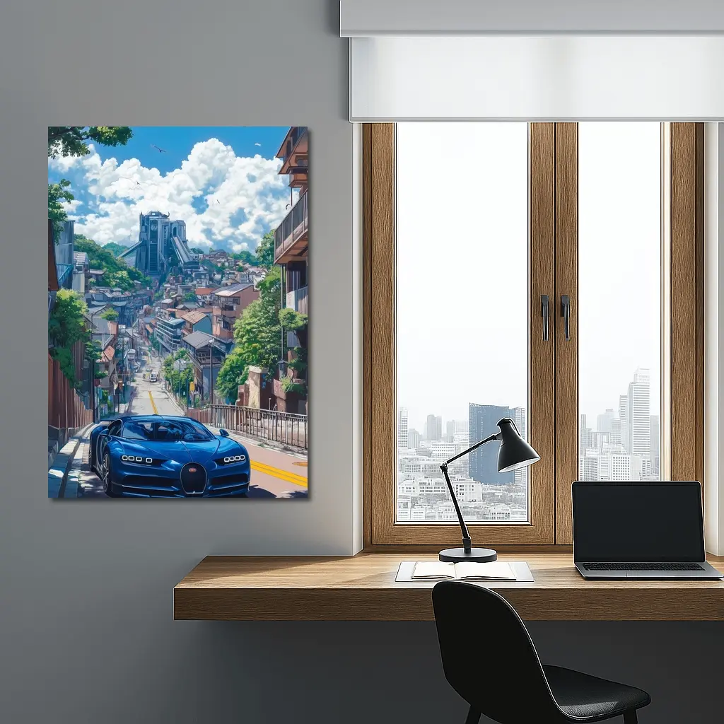 Bugatti Chiron Blue Anime City Street – Wall Art