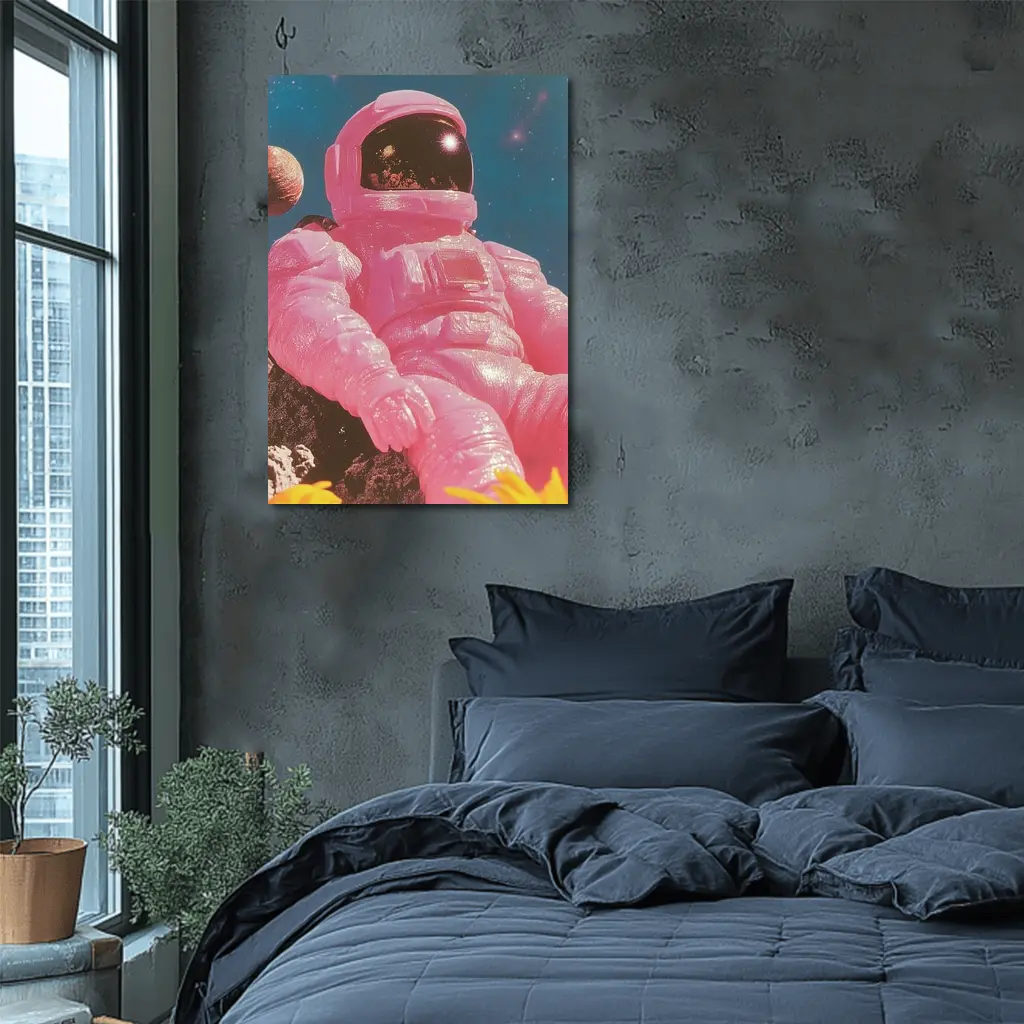 Pink Astronaut Sitting On Moon Surface – Wall Art