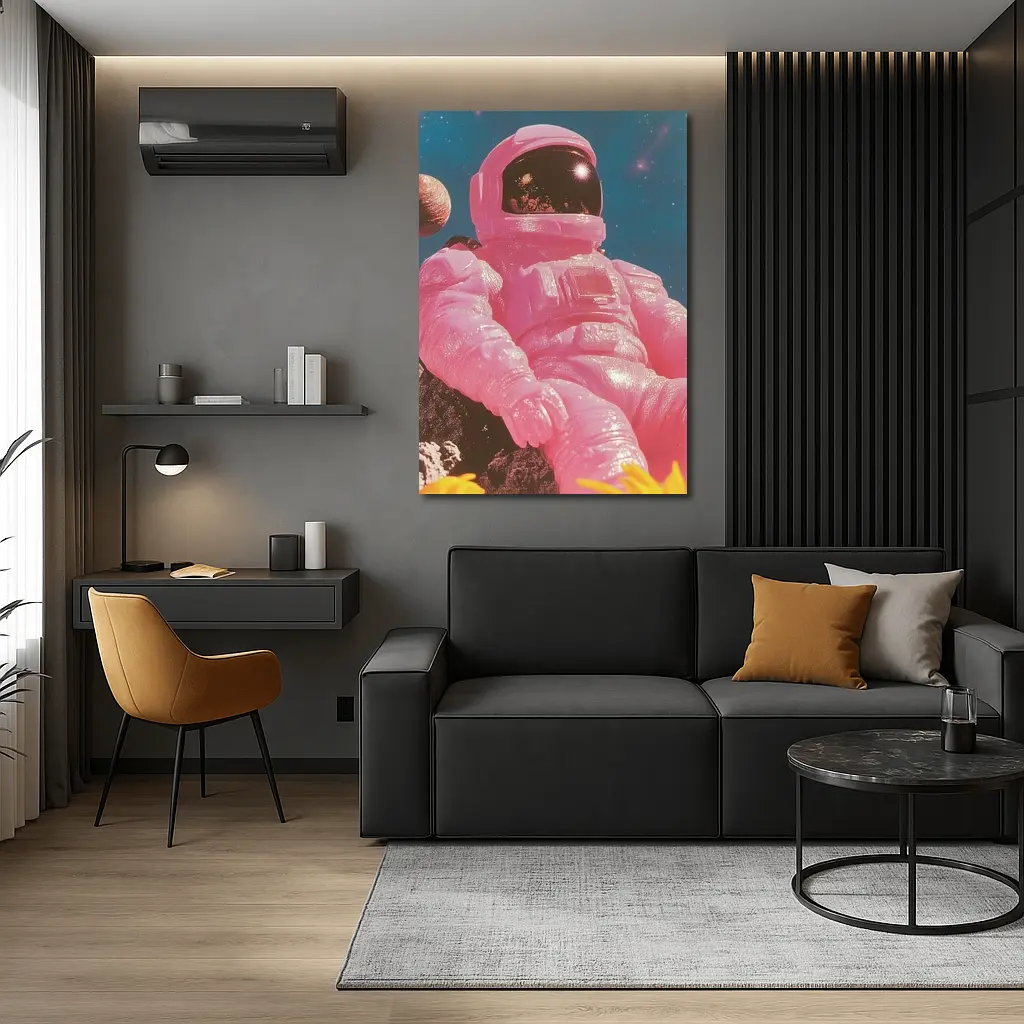 Pink Astronaut Sitting On Moon Surface – Wall Art