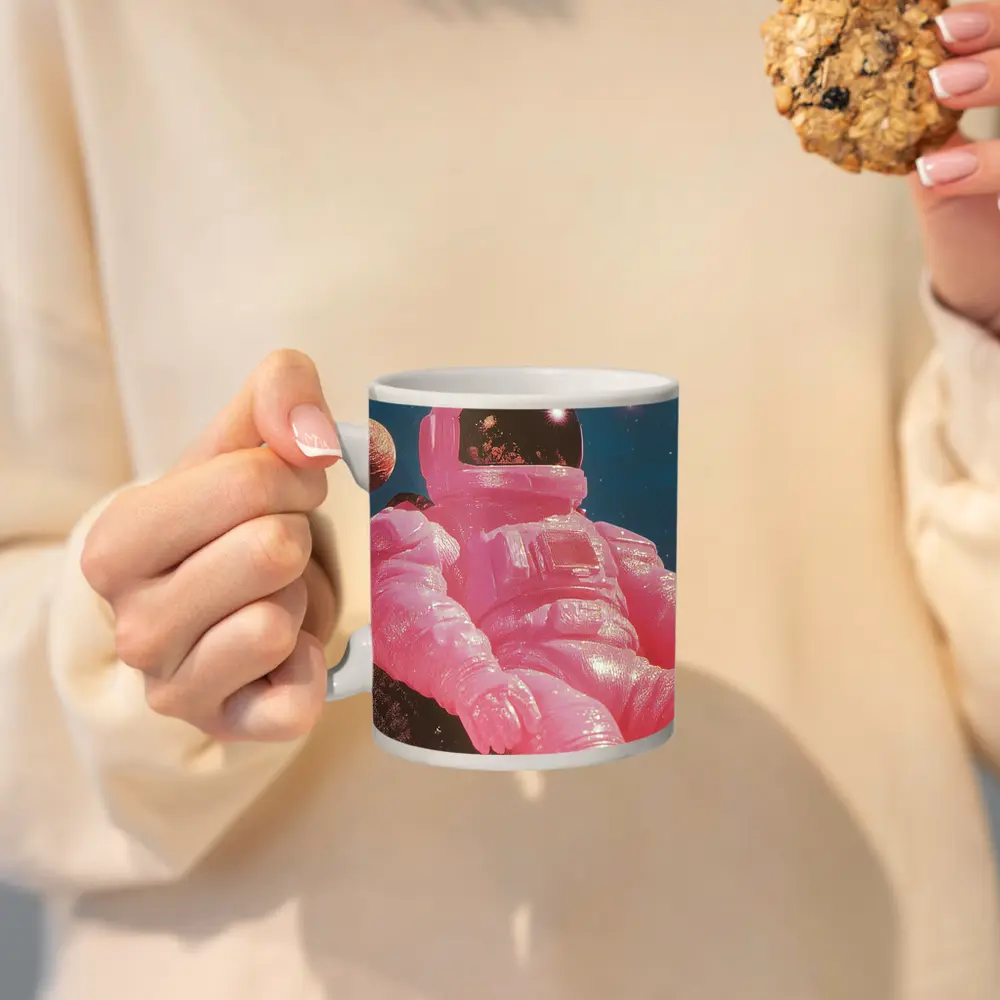 Pink Astronaut Sitting On Moon Surface – Mugs