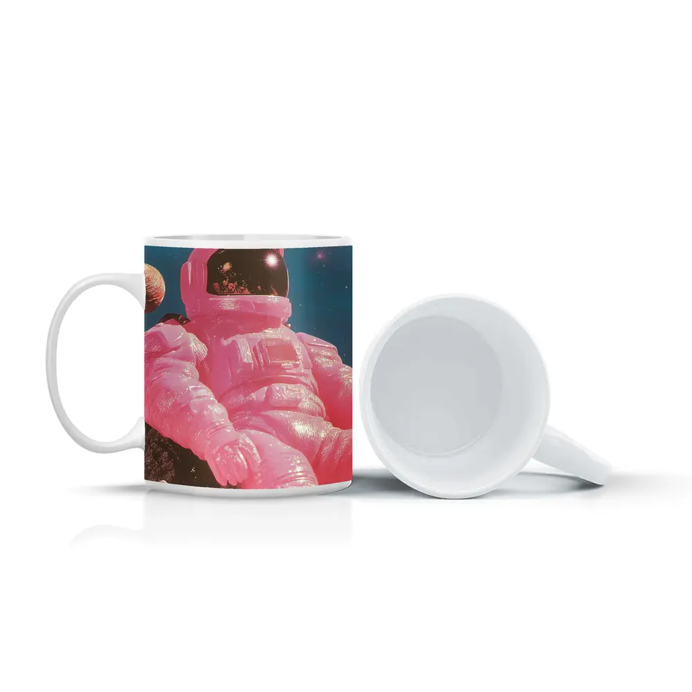 Pink Astronaut Sitting On Moon Surface – Mugs