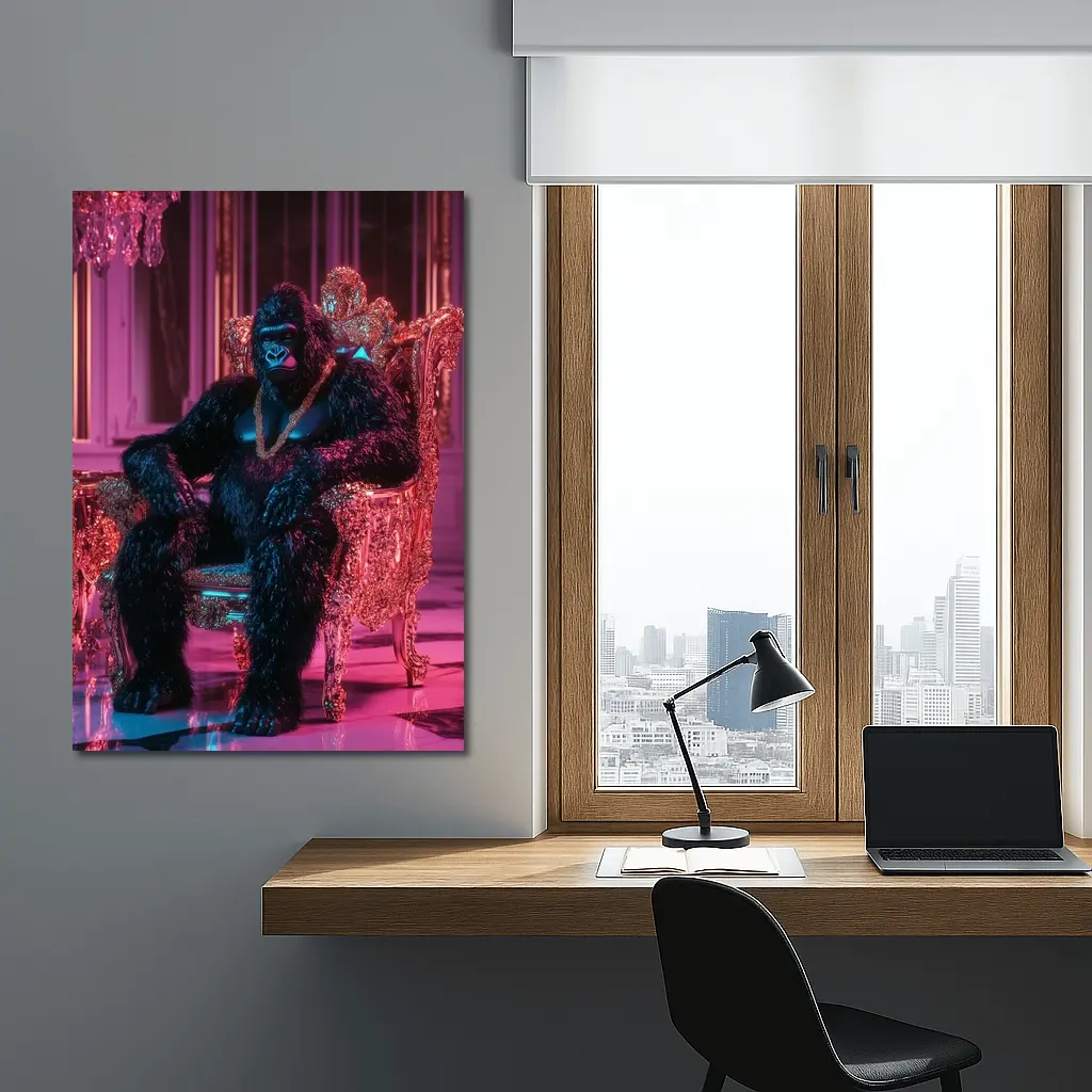 Gorilla King Sitting Pink Neon Throne Room – Wall Art