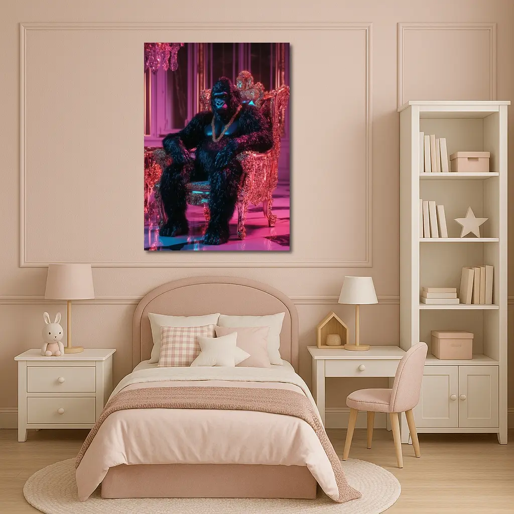 Gorilla King Sitting Pink Neon Throne Room – Wall Art