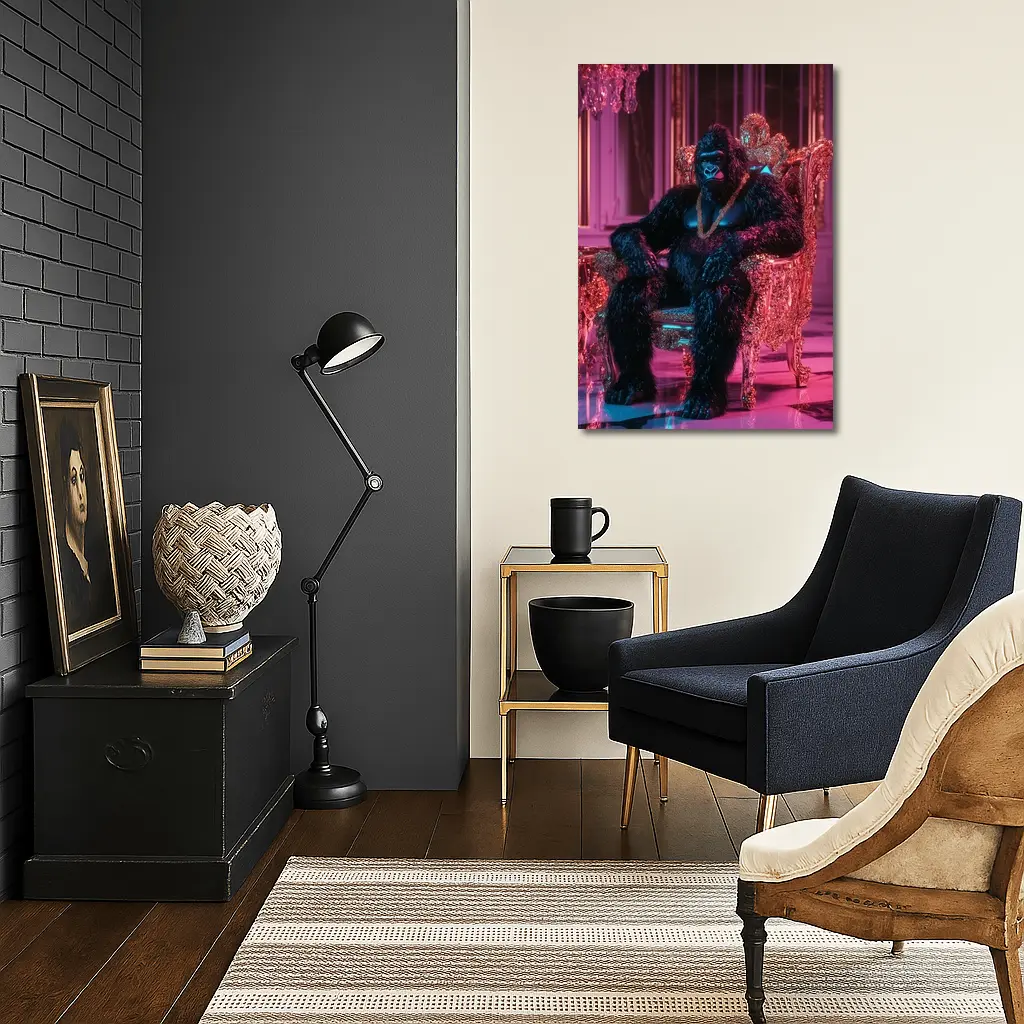 Gorilla King Sitting Pink Neon Throne Room – Wall Art