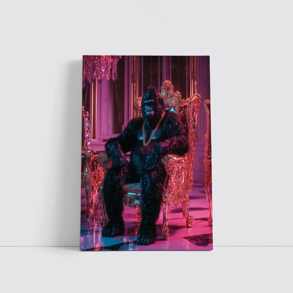 Gorilla King Sitting Pink Neon Throne Room – Wall Art