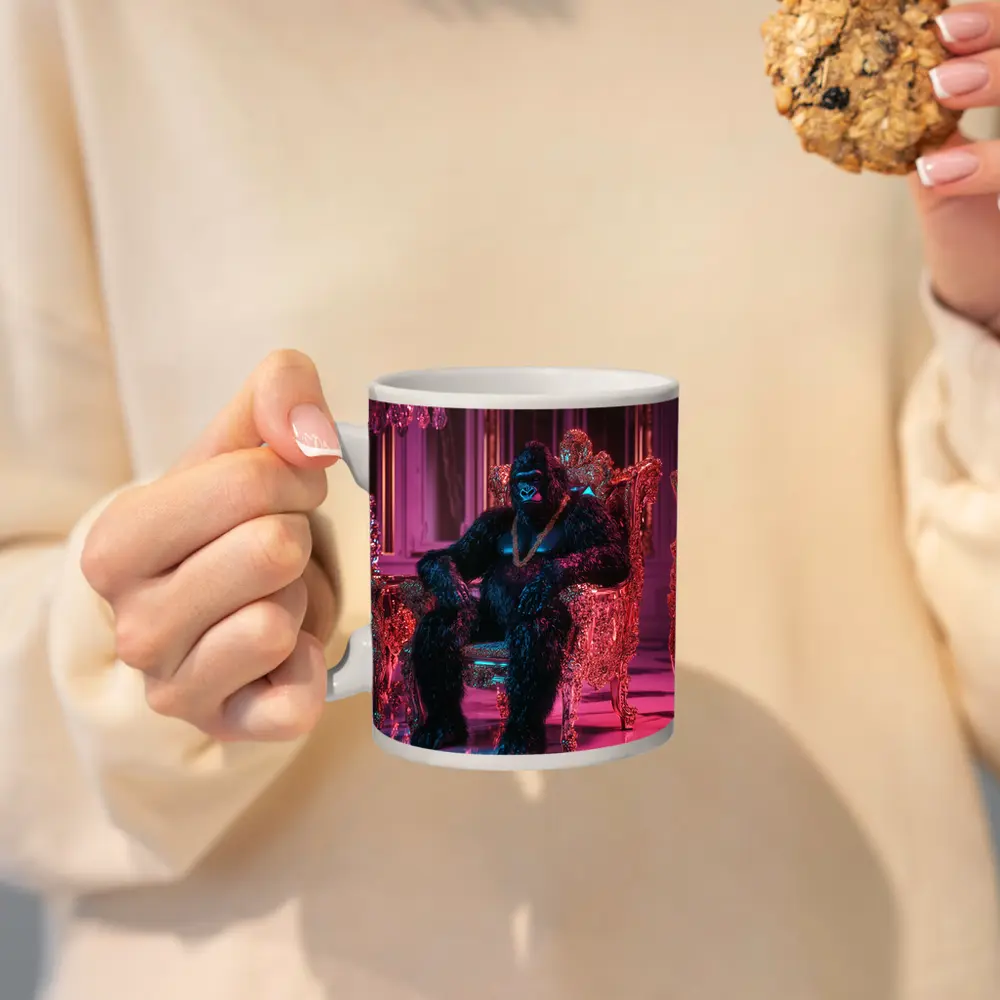 Gorilla King Sitting Pink Neon Throne Room – Mugs