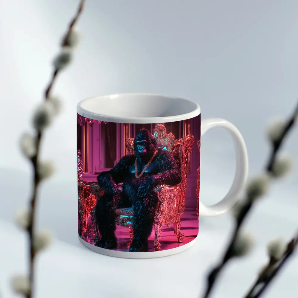 Gorilla King Sitting Pink Neon Throne Room – Mugs