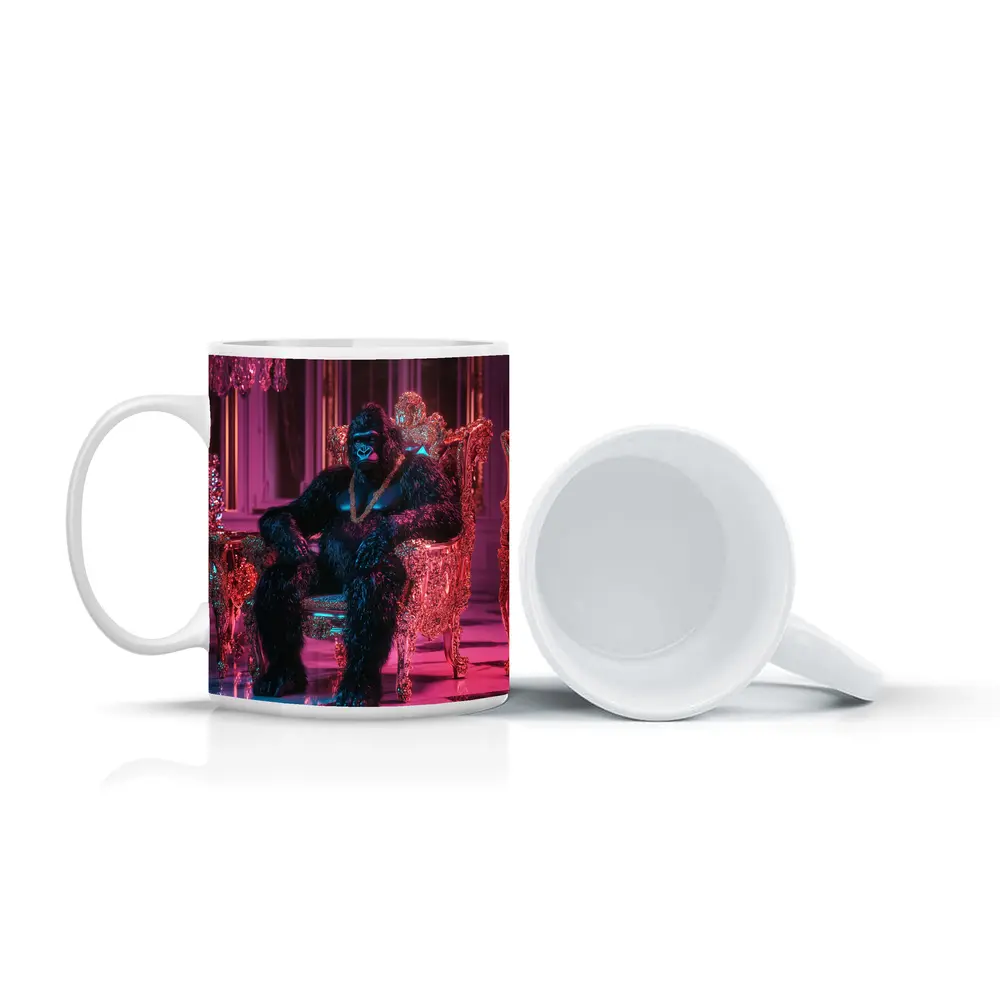 Gorilla King Sitting Pink Neon Throne Room – Mugs