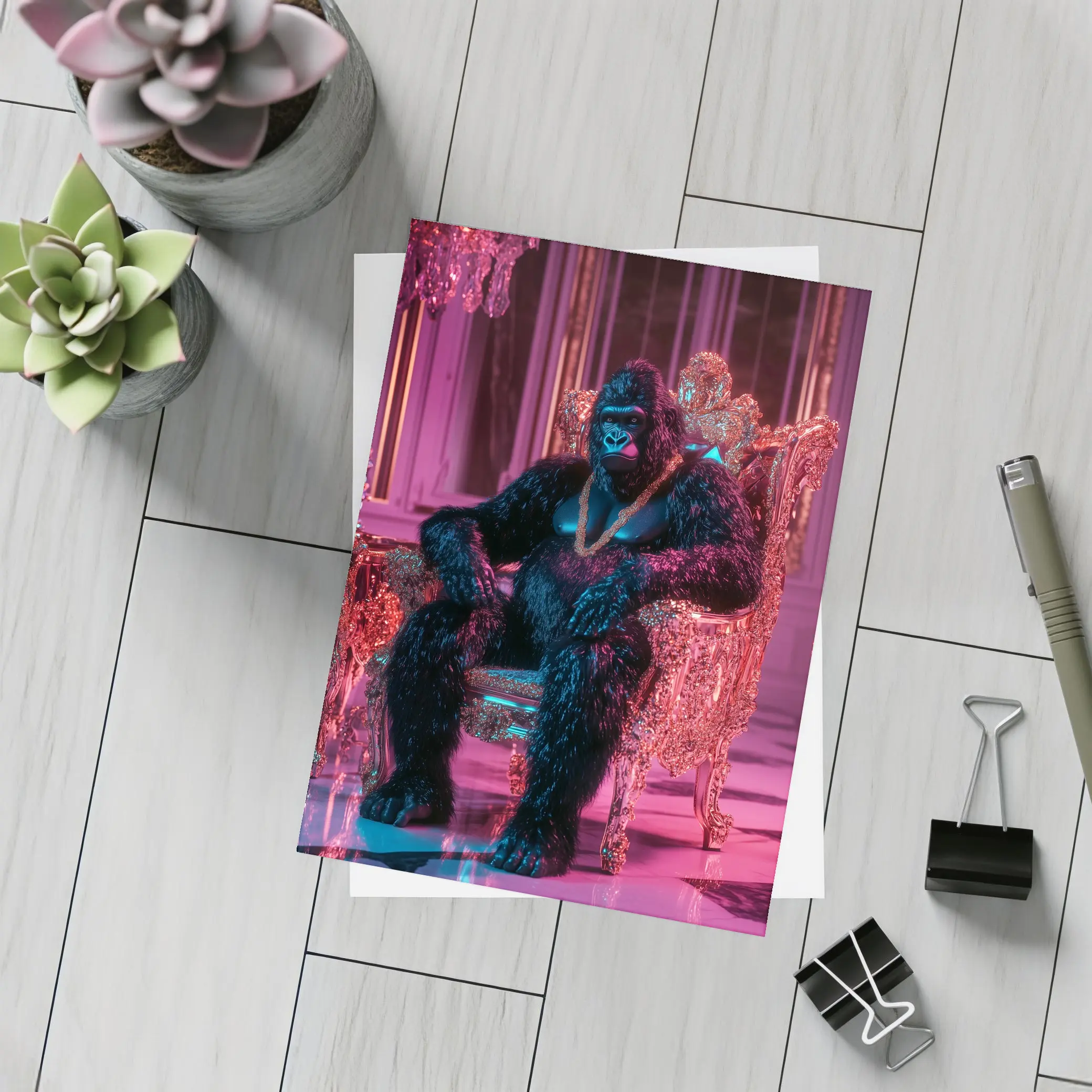 Gorilla King Sitting Pink Neon Throne Room – Postcards