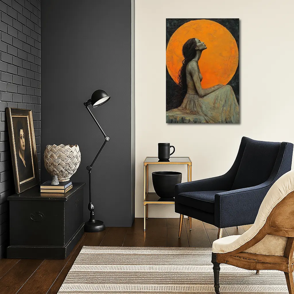 Woman Sitting Before Glowing Orange Moon – Wall Art