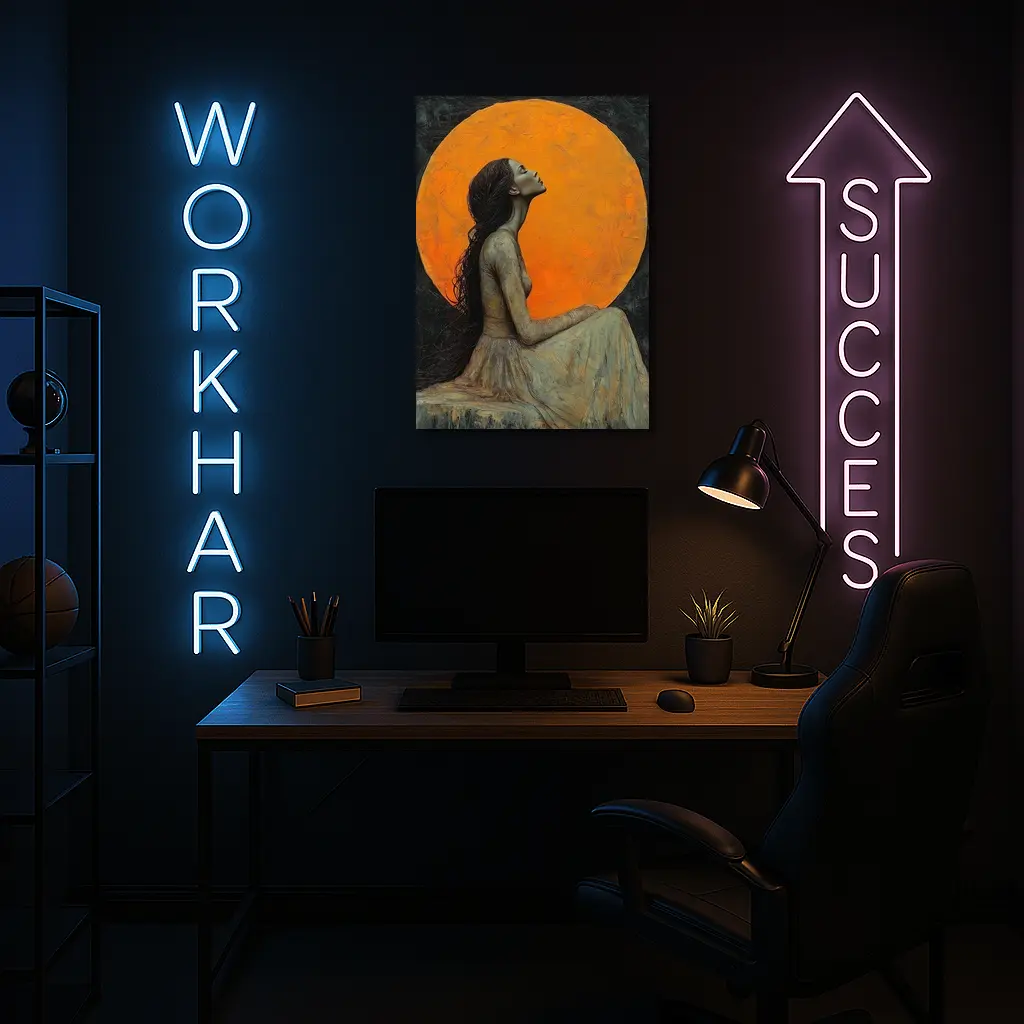 Woman Sitting Before Glowing Orange Moon – Wall Art