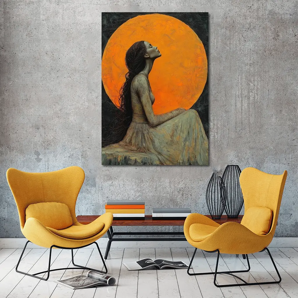 Woman Sitting Before Glowing Orange Moon – Wall Art